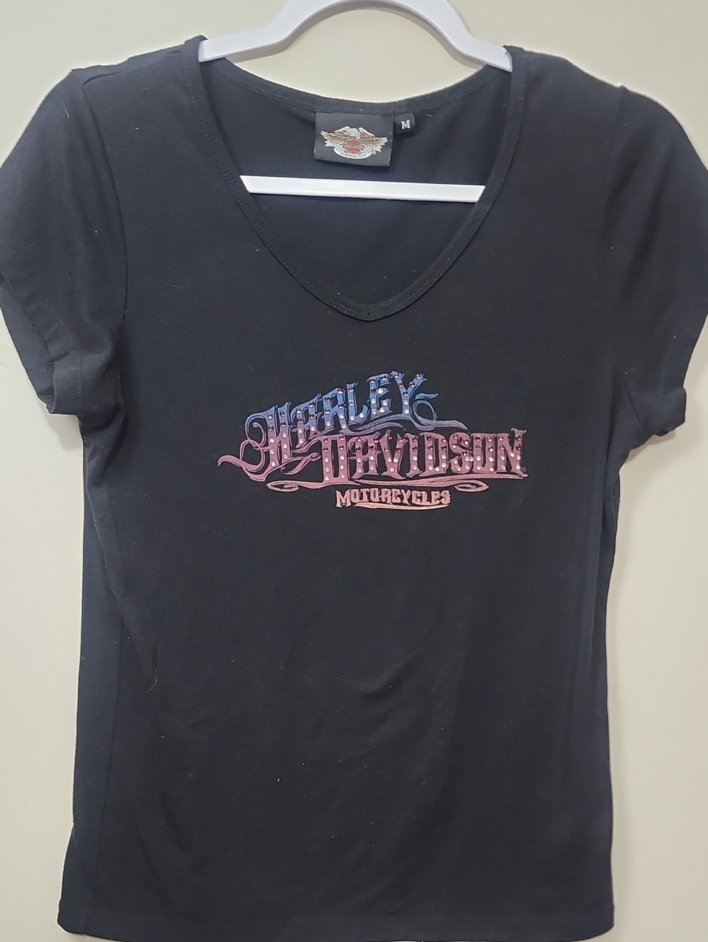 Harley Davidson Y2K Black V-Neck Rhinestone Graphic Logo Tee Biker Goth Grunge M